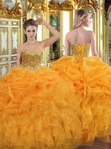 Orange Lace Up Quinceanera Gowns Beading and Ruffles Sleeveless Floor Length