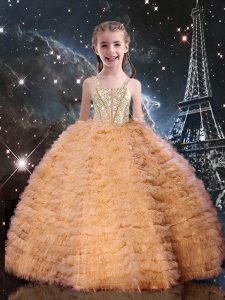 Excellent Sleeveless Floor Length Beading and Ruffled Layers Lace Up Pageant Gowns For Girls with Orange Red