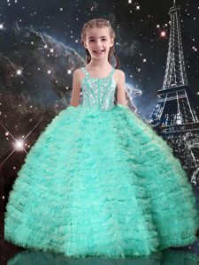 Turquoise Ball Gowns Straps Sleeveless Tulle Floor Length Lace Up Beading and Ruffled Layers Pageant Dress for Teens