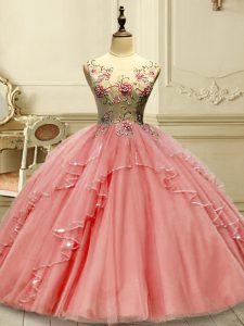 Tulle Sleeveless Floor Length Quinceanera Gowns and Appliques