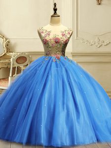 High Class Baby Blue Ball Gowns Appliques and Sequins Quinceanera Dresses Lace Up Tulle Sleeveless Floor Length