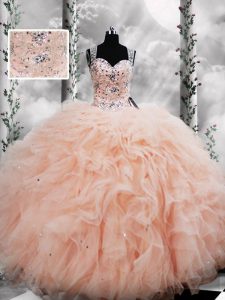 Traditional Peach Lace Up Straps Beading and Ruffles 15th Birthday Dress Tulle Sleeveless