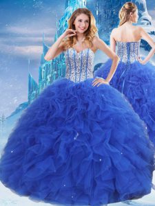 Sleeveless Floor Length Beading and Ruffles and Sequins Lace Up Sweet 16 Dresses with Royal Blue