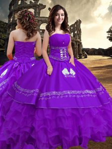 Edgy Floor Length Purple Quince Ball Gowns Taffeta Sleeveless Embroidery and Ruffled Layers