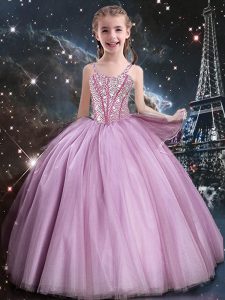 Classical Rose Pink Ball Gowns Beading Little Girl Pageant Dress Lace Up Tulle Sleeveless Floor Length