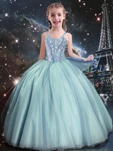 Floor Length Teal Custom Made Pageant Dress Tulle Sleeveless Beading