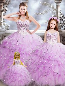 Fashionable Lilac Sleeveless Floor Length Beading and Ruffles Lace Up Quinceanera Dresses