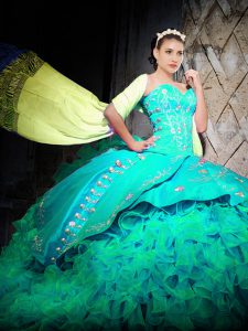 Popular Brush Train Ball Gowns 15 Quinceanera Dress Turquoise Sweetheart Organza Sleeveless With Train Lace Up