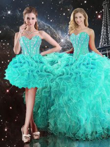 Floor Length Turquoise 15th Birthday Dress Organza Sleeveless Beading and Ruffles