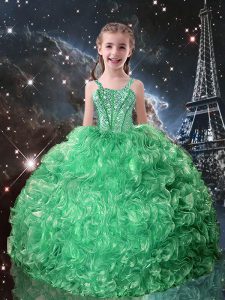 Turquoise Ball Gowns Organza Straps Sleeveless Beading and Ruffles Floor Length Lace Up Little Girls Pageant Gowns