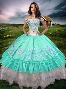 Floor Length Aqua Blue Quinceanera Gowns Taffeta Sleeveless Beading and Embroidery and Ruffled Layers