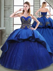 Blue Taffeta Lace Up Quinceanera Gown Sleeveless Court Train Beading and Appliques and Embroidery