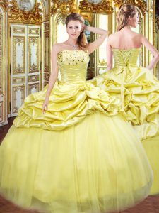 Floor Length Gold Quinceanera Gowns Taffeta Sleeveless Beading and Pick Ups