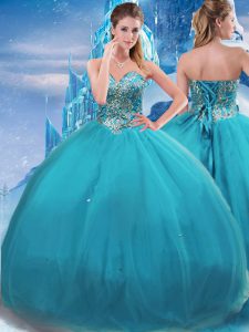 Teal Ball Gowns Sweetheart Sleeveless Tulle Floor Length Lace Up Appliques 15th Birthday Dress