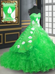 Green Sleeveless Organza Brush Train Lace Up Quinceanera Gowns for Military Ball and Sweet 16 and Quinceanera