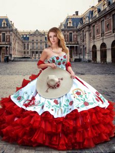 White And Red Sweetheart Lace Up Embroidery and Ruffled Layers Quinceanera Gown Sleeveless