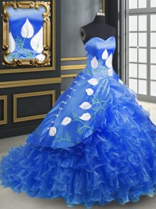 Hot Selling Blue Ball Gowns Sweetheart Sleeveless Organza Brush Train Lace Up Embroidery and Ruffles Quinceanera Gown