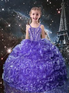 Purple Straps Lace Up Beading and Ruffles Little Girls Pageant Gowns Sleeveless