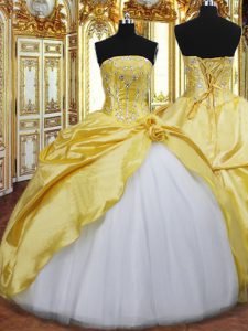 Fantastic Floor Length Gold Quince Ball Gowns Taffeta Sleeveless Beading and Hand Made Flower