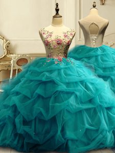 Teal Sleeveless Organza Lace Up Quinceanera Dresses for Military Ball and Sweet 16 and Quinceanera