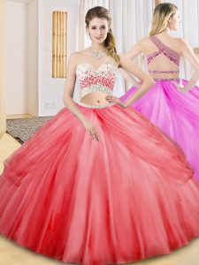 Most Popular Two Pieces Quince Ball Gowns Coral Red One Shoulder Tulle Sleeveless Floor Length Criss Cross