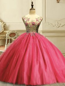 Superior Sleeveless Tulle Floor Length Lace Up Ball Gown Prom Dress in Coral Red with Appliques and Sequins