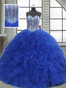 Charming Royal Blue Sweetheart Lace Up Beading and Ruffles and Sequins Sweet 16 Dress Sleeveless