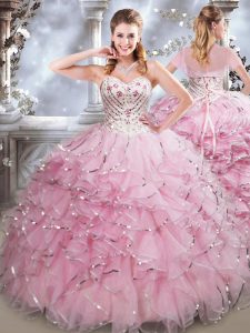 Gorgeous Baby Pink Organza Lace Up Sweet 16 Dresses Sleeveless Floor Length Beading and Ruffles