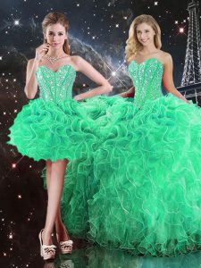Suitable Green Sweetheart Neckline Beading and Ruffles Ball Gown Prom Dress Sleeveless Lace Up