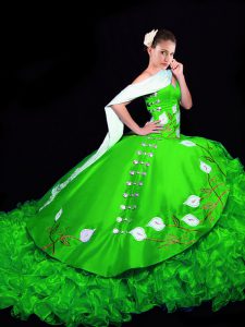 Sweetheart Sleeveless Organza Sweet 16 Quinceanera Dress Embroidery and Ruffles Brush Train Lace Up