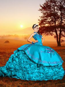 Baby Blue Quinceanera Dresses Organza Brush Train Sleeveless Embroidery and Ruffles