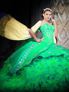 Charming Green Ball Gowns Sweetheart Sleeveless Organza With Brush Train Lace Up Embroidery and Ruffles Vestidos de Quinceanera