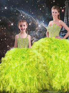 Colorful Yellow Green Ball Gowns Sweetheart Sleeveless Organza Floor Length Lace Up Beading and Ruffles Sweet 16 Dress