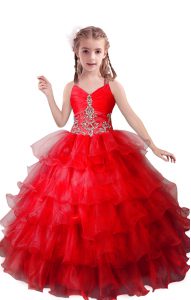 Organza V-neck Sleeveless Zipper Beading and Ruffled Layers High School Pageant Dress in Red