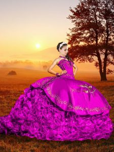 Brush Train Ball Gowns Quinceanera Gown Fuchsia Sweetheart Organza Sleeveless Lace Up