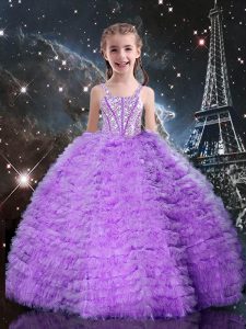 Straps Sleeveless Tulle Little Girl Pageant Gowns Beading and Ruffles and Ruffled Layers Lace Up