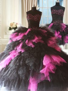 Pink And Black Tulle Lace Up 15 Quinceanera Dress Sleeveless Floor Length Beading and Ruffles