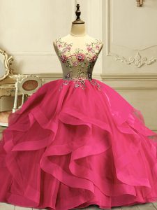 Sleeveless Floor Length Appliques and Ruffles Lace Up Quince Ball Gowns with Hot Pink