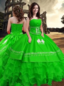 Sophisticated Floor Length Green Sweet 16 Dresses Taffeta Sleeveless Embroidery and Ruffled Layers