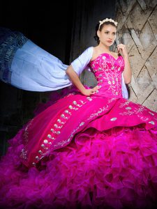 Admirable Fuchsia Ball Gowns Organza Sweetheart Sleeveless Embroidery and Ruffles Lace Up Sweet 16 Quinceanera Dress Brush Train