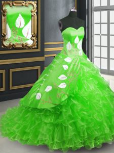 Sweetheart Sleeveless Organza Quince Ball Gowns Embroidery Brush Train Lace Up