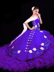 Purple Vestidos de Quinceanera Military Ball and Sweet 16 and Quinceanera with Embroidery and Ruffles Sweetheart Sleeveless Brush Train Lace Up