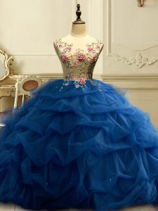 Navy Blue Scoop Neckline Appliques and Ruffles and Sequins Quinceanera Gowns Sleeveless Lace Up