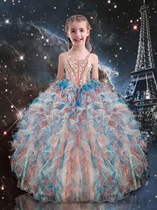 Pretty Sleeveless Lace Up Floor Length Beading and Ruffles Little Girls Pageant Gowns