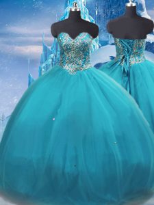 Best Teal Ball Gowns Tulle Sweetheart Sleeveless Appliques Floor Length Lace Up Sweet 16 Dresses