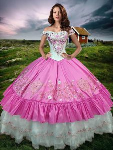 Fine Rose Pink Ball Gowns Off The Shoulder Sleeveless Taffeta Floor Length Lace Up Beading and Embroidery and Ruffled Layers Quinceanera Gown