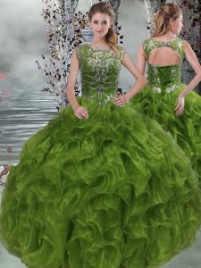 Sleeveless Floor Length Beading and Ruffles Lace Up Quinceanera Dresses with Olive Green