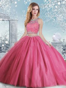 Hot Pink Ball Gowns Tulle Scoop Sleeveless Beading and Sequins Floor Length Clasp Handle Ball Gown Prom Dress