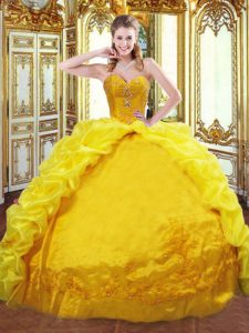 Amazing Gold Ball Gowns Beading and Embroidery and Pick Ups Sweet 16 Dresses Lace Up Taffeta Sleeveless