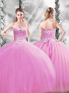 Charming Sleeveless Floor Length Beading Lace Up 15th Birthday Dress with Lilac